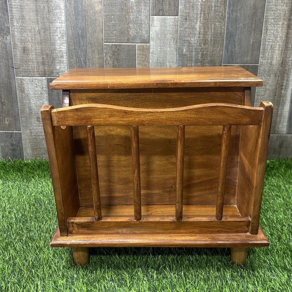 Vintage Wooden Magazine Rack Side Table Storage Compartment Mid Century Style